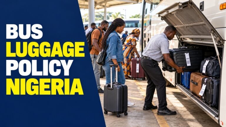 Bus luggage policy in Nigeria with tagged bags beside a coach compartment