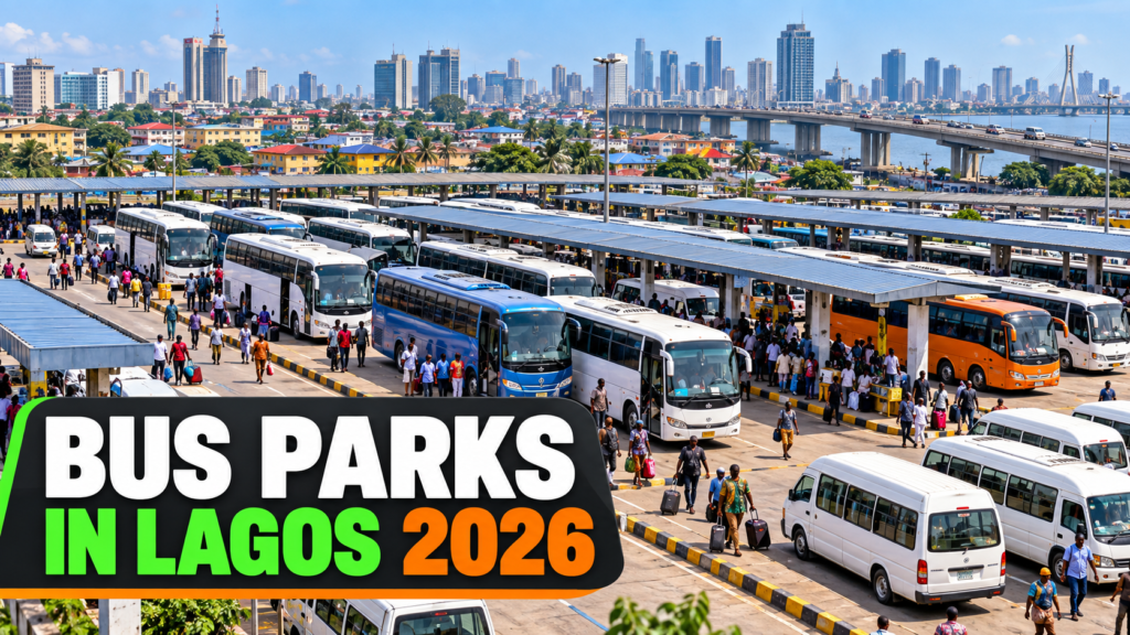Aerial view of a busy Lagos interstate terminal with Bus Parks in Lagos 2026 text