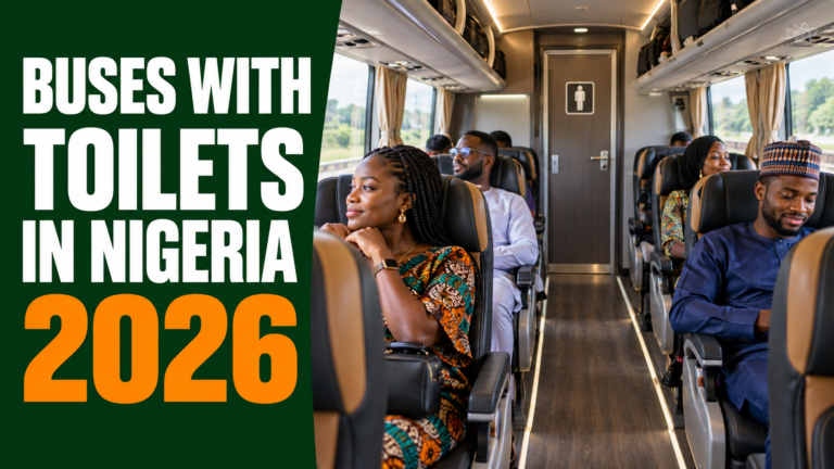 Modern long-distance coach interior with Buses With Toilets in Nigeria 2026 text