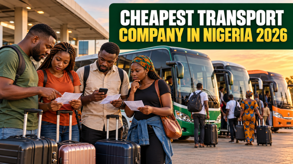 Nigerian travellers comparing bus fares with Cheapest Transport Company in Nigeria 2026 text