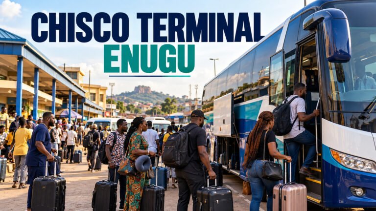 Chisco terminal in Enugu near Ogbete with passengers and a coach
