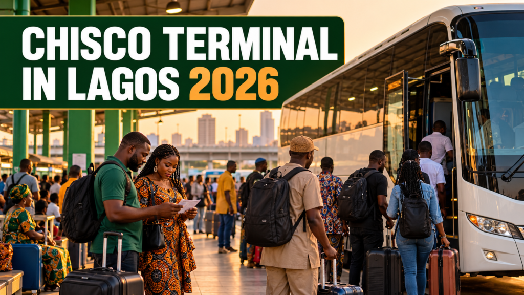 Travellers outside a Lagos coach terminal with Chisco Terminal in Lagos 2026 text