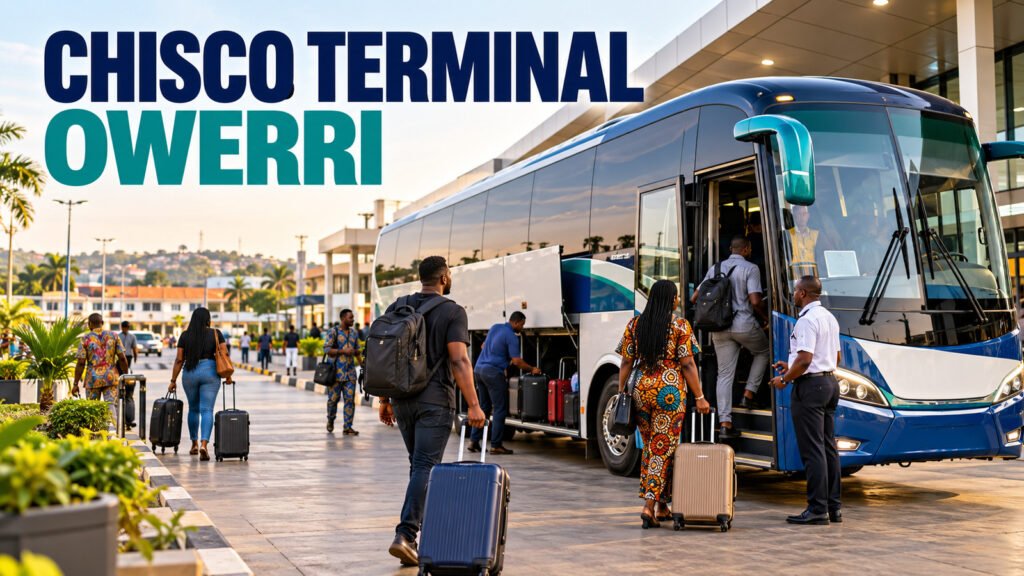 Chisco terminal in Owerri with an intercity coach and passengers