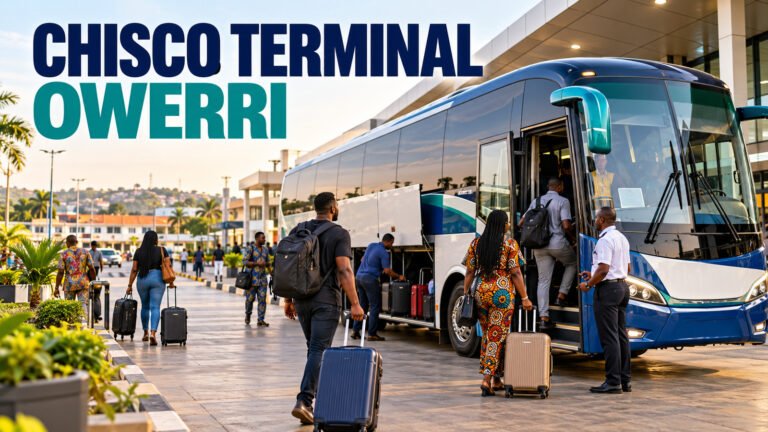 Chisco terminal in Owerri with an intercity coach and passengers