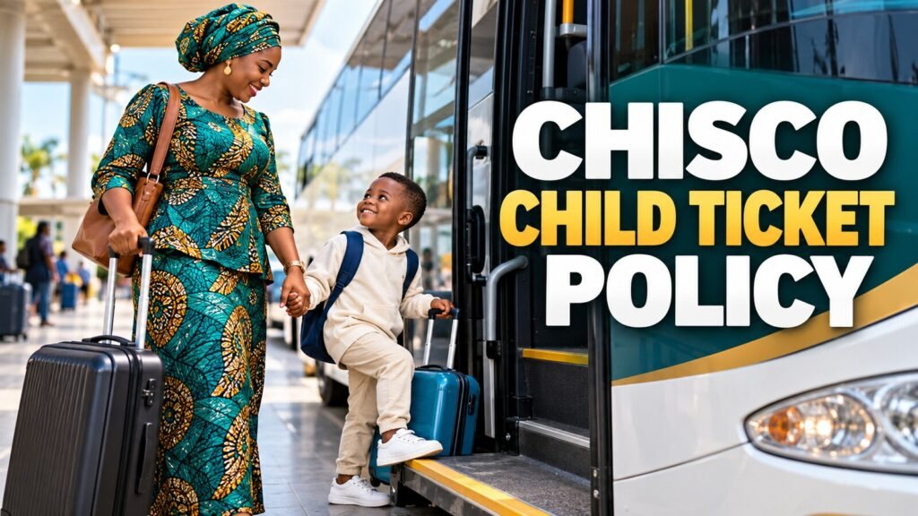 Nigerian parent and child preparing for a coach journey with child-ticket-policy text