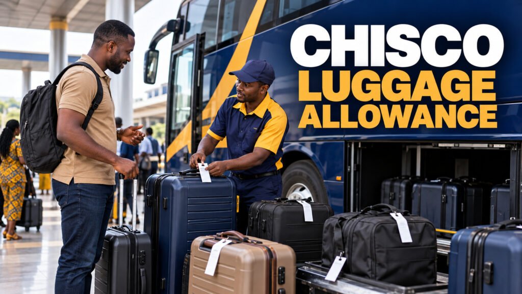 Labelled luggage beside a Chisco intercity coach at a terminal