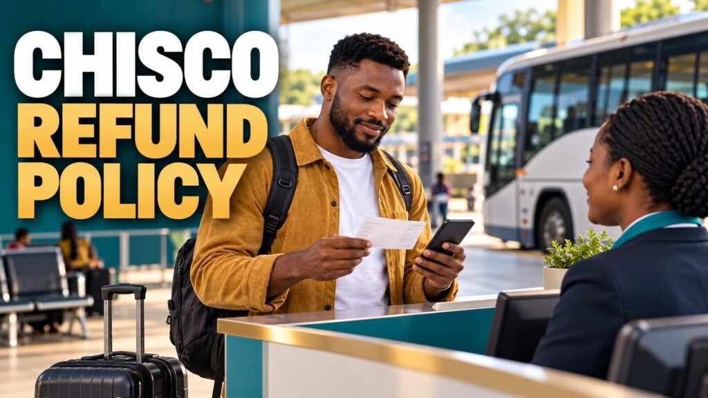 Nigerian bus passenger reviewing Chisco refund and revalidation terms on a phone