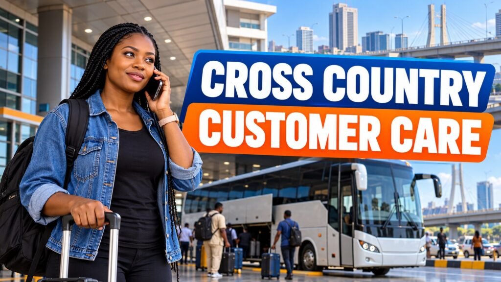 Nigerian traveller calling Cross Country Transport support outside an intercity terminal