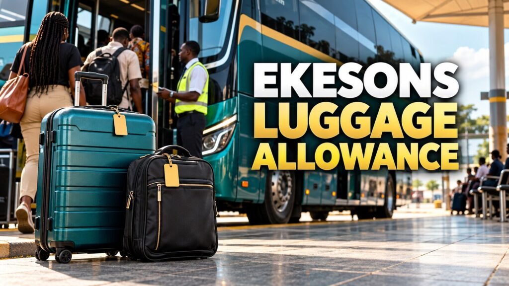 Packed travel bags beside an intercity coach with Ekesons luggage allowance text