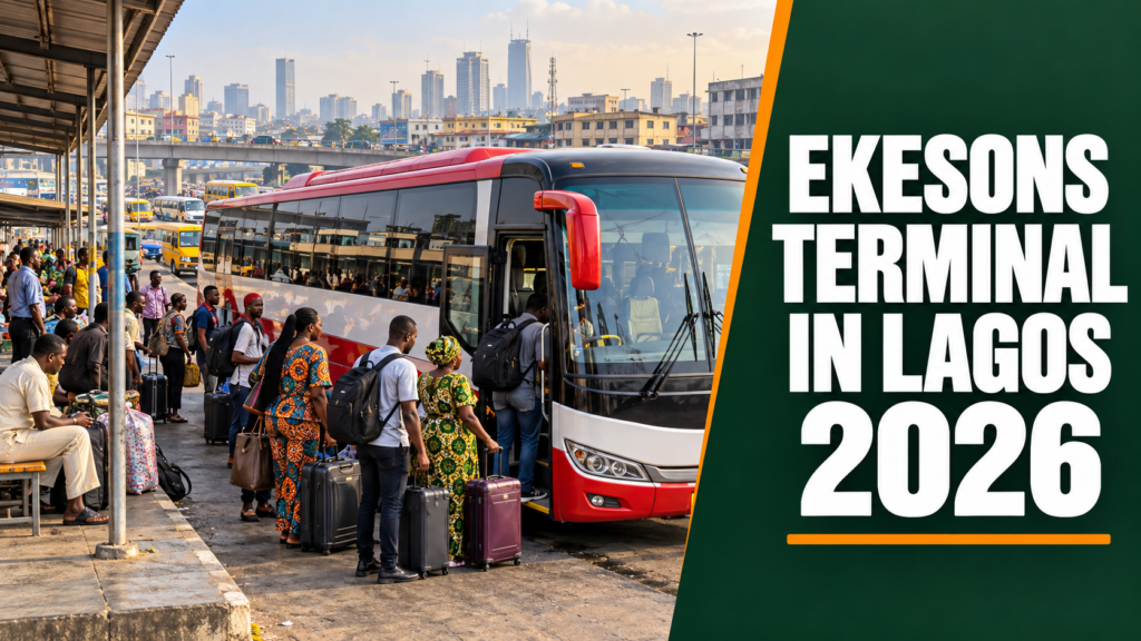 Nigerian interstate bus park with Ekesons Terminal in Lagos 2026 text