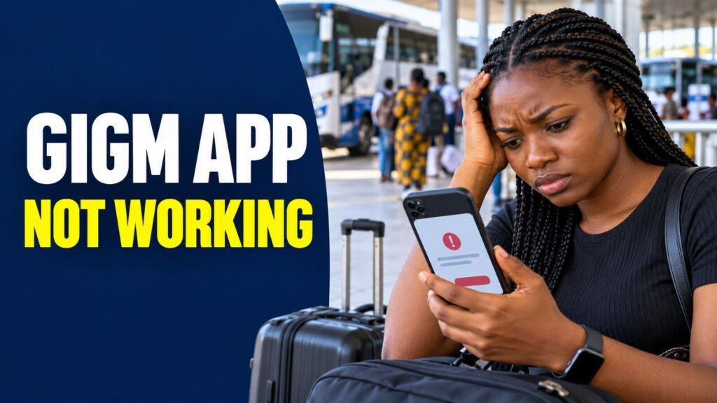 Traveller troubleshooting a bus booking app at a Nigerian terminal