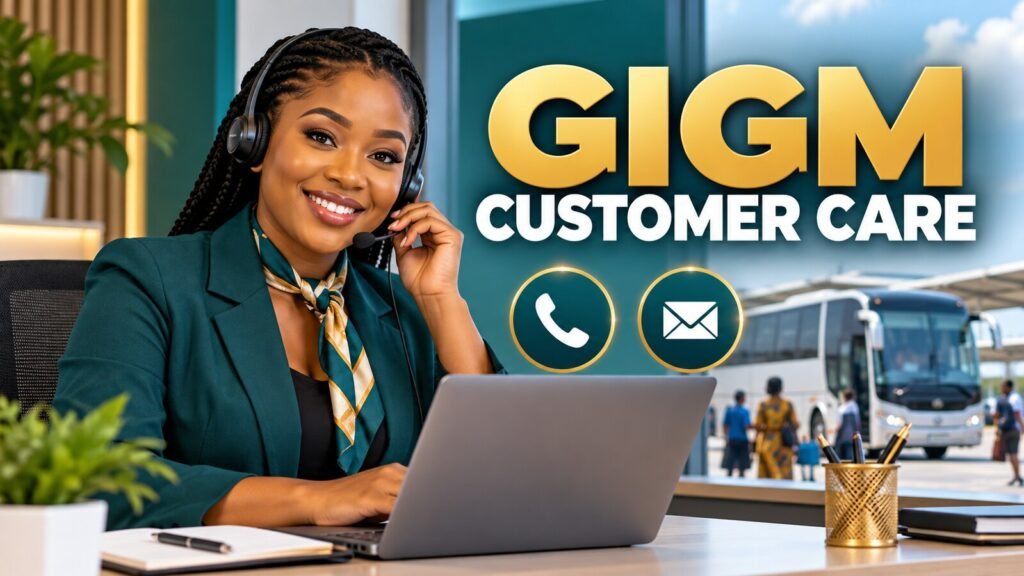 Nigerian travel support agent with phone and email symbols and GIGM customer care text