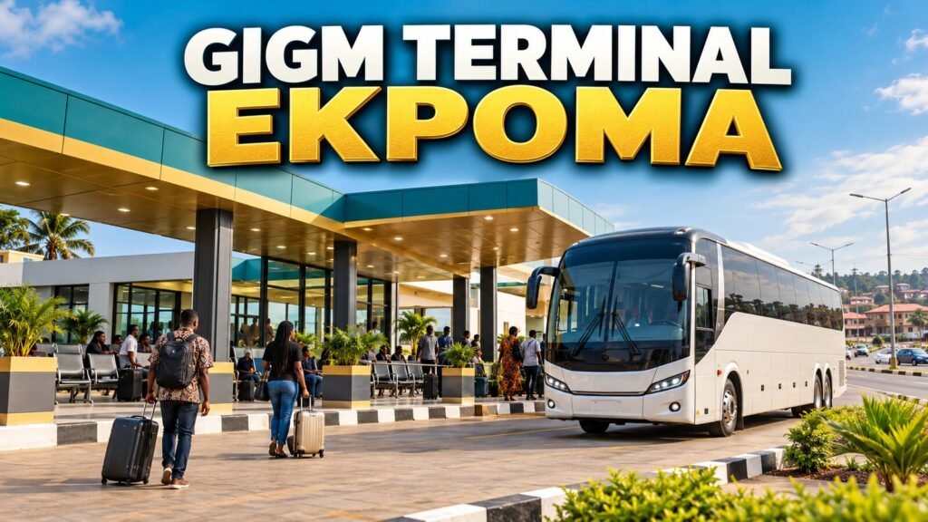 Nigerian intercity bus terminal in Ekpoma with GIGM terminal text