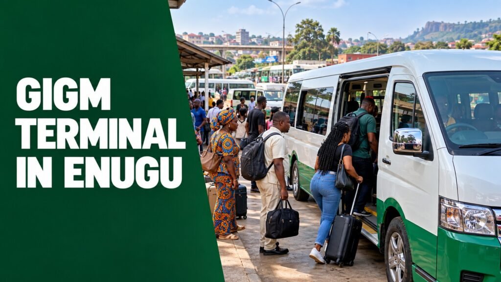 GIGM terminal in Enugu with travellers boarding a premium minibus