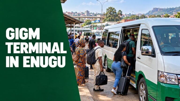 GIGM terminal in Enugu with travellers boarding a premium minibus
