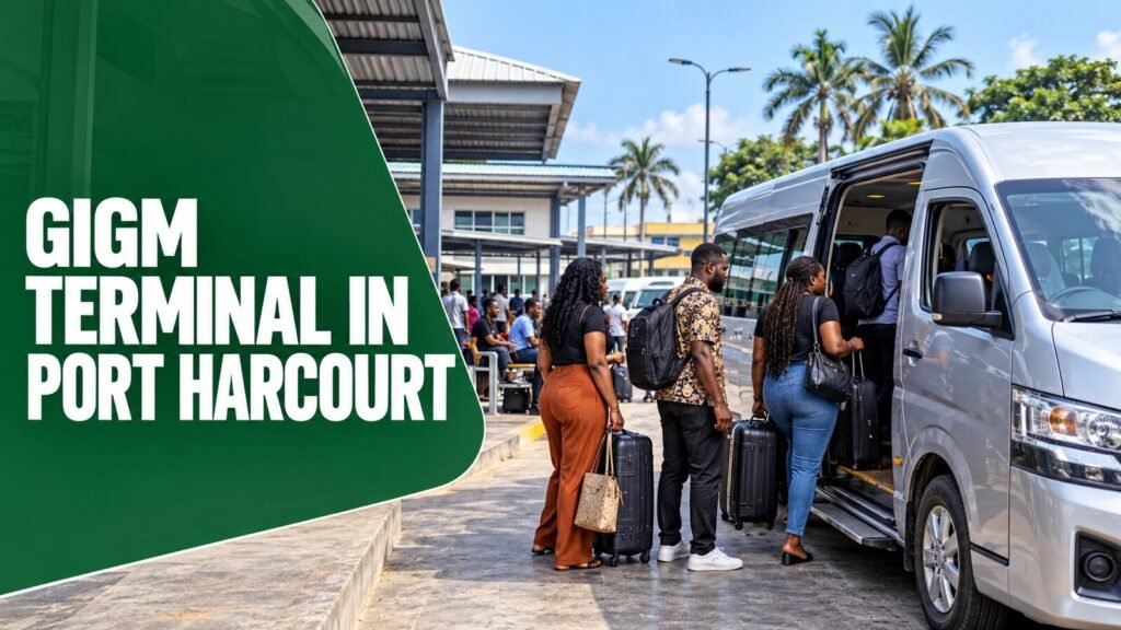 GIGM terminal in Port Harcourt with passengers boarding a premium minibus