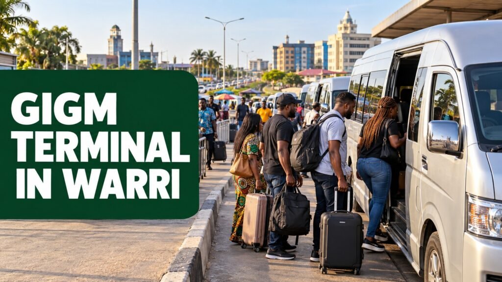 GIGM terminal in Warri with passengers boarding an intercity minibus
