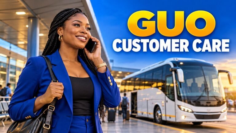 Nigerian bus passenger calling GUO customer care with a coach terminal in the background