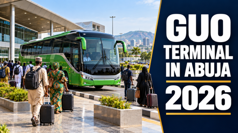 Abuja transport terminal entrance with GUO Terminal in Abuja 2026 text