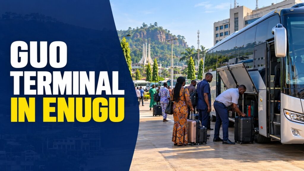 GUO terminal in Enugu with passengers and a modern intercity coach