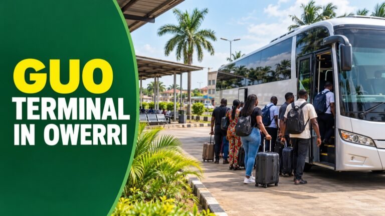 GUO terminal in Owerri with travellers boarding an intercity coach