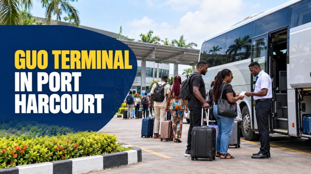 GUO terminal in Port Harcourt with passengers boarding an intercity coach