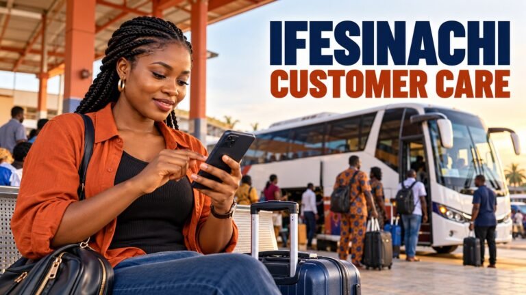 Nigerian traveller verifying an Ifesinachi Transport support number at a coach terminal