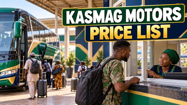 Kasmag intercity bus at a Nigerian motor park with fare enquiry signage