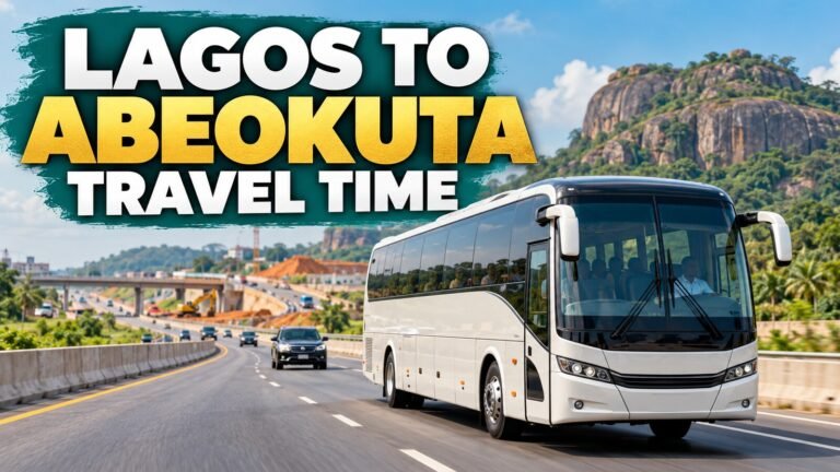 Passenger bus on the road between Lagos and Abeokuta with evergreen travel-time text