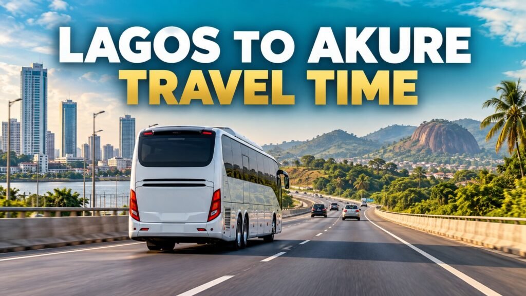 Nigerian intercity bus travelling from Lagos to Akure with bold travel-time text