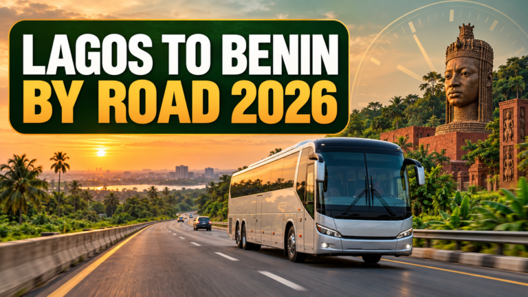 Intercity minibus travelling toward Benin City with Lagos to Benin by Road 2026 text