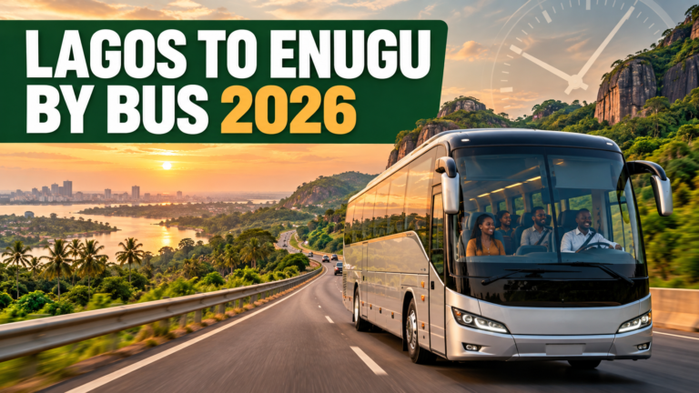 Long-distance coach on an eastern Nigerian highway with Lagos to Enugu by Bus 2026 text