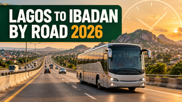 Intercity bus on Lagos Ibadan Expressway with Lagos to Ibadan by Road 2026 text