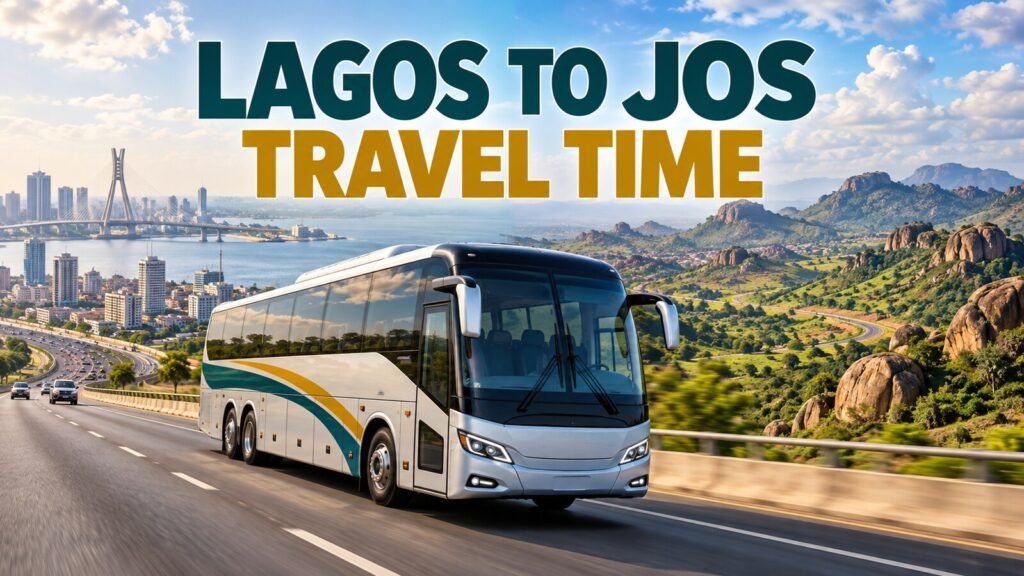 Long-distance coach travelling from Lagos toward Jos with travel-time headline