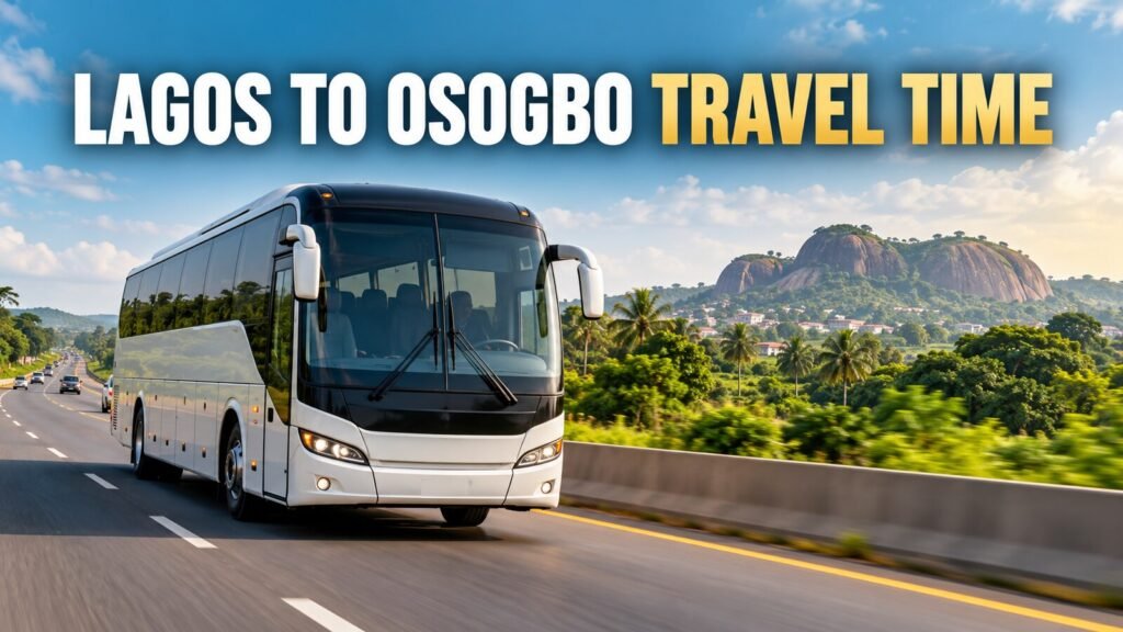 Passenger bus travelling between Lagos and Osogbo with travel-time headline