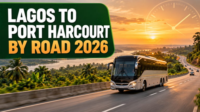 Intercity coach on a Nigerian highway with Lagos to Port Harcourt by Road 2026 text