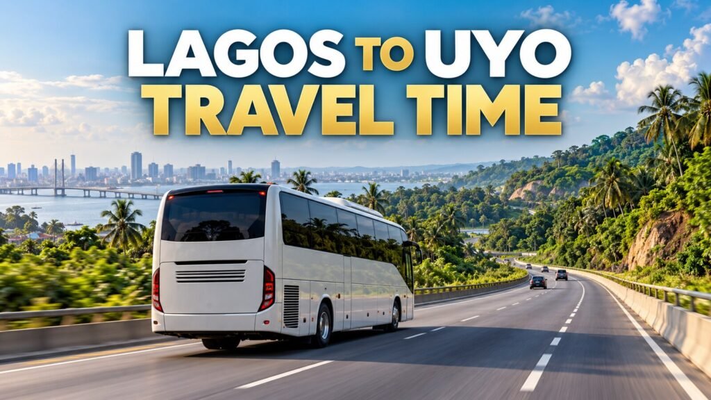 Long-distance Nigerian coach travelling from Lagos to Uyo with route text