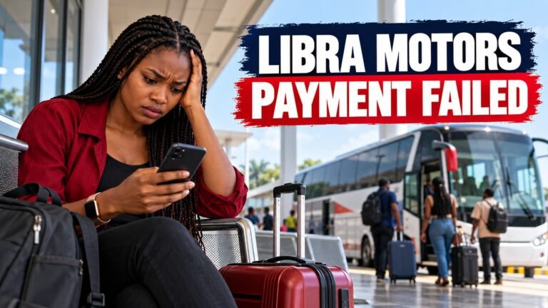 Nigerian traveller checking a failed Libra Motors booking payment on a smartphone