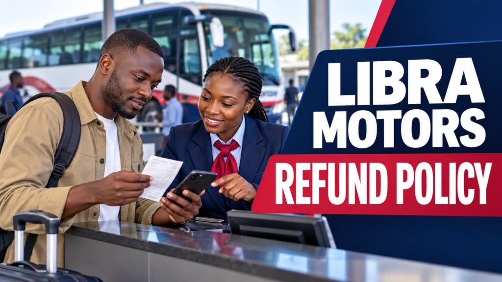 Nigerian traveller reading Libra Motors refund conditions on a phone