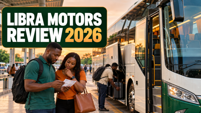 Nigerian travellers assessing a coach with Libra Motors Review 2026 text
