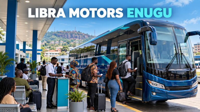 Libra Motors terminal in Enugu on Ogui Road with travellers