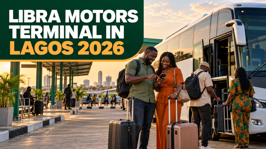 Passengers waiting at a modern Lagos park with Libra Motors Terminal in Lagos 2026 text