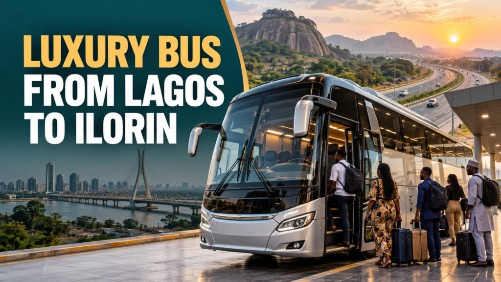 Luxury bus from Lagos to Ilorin with passengers boarding a modern coach