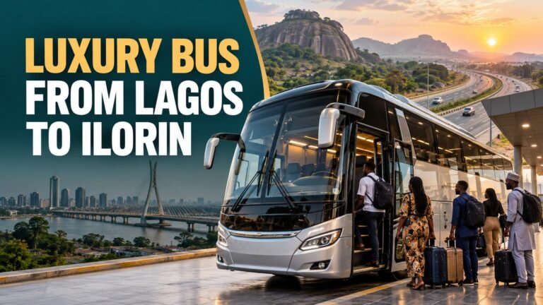 Luxury bus from Lagos to Ilorin with passengers boarding a modern coach