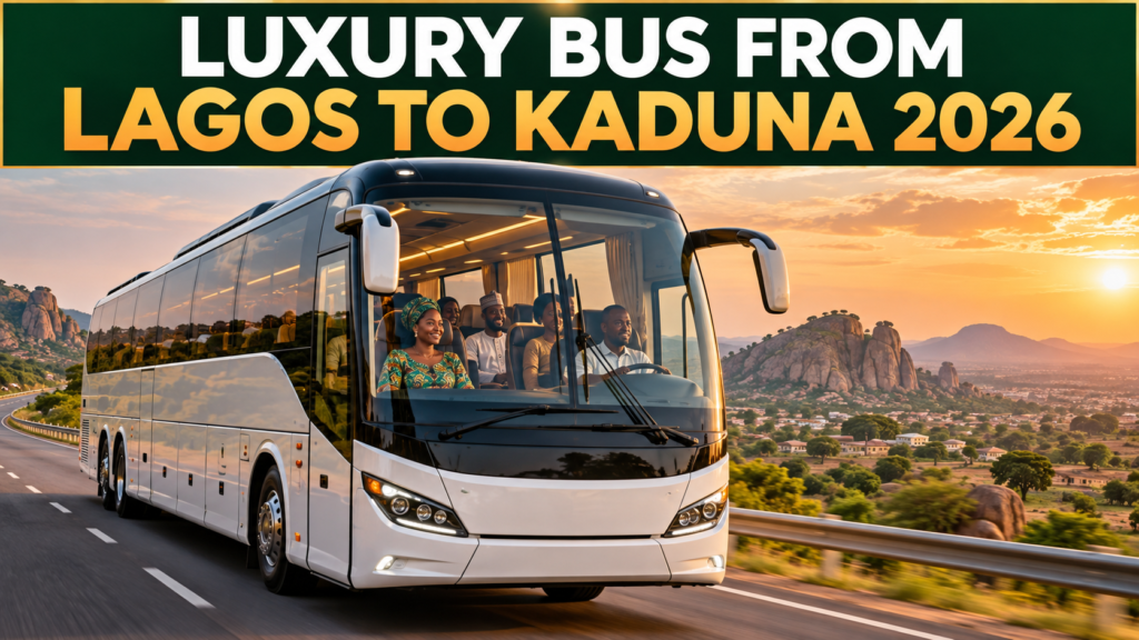 Full-size premium coach on a northern highway with Luxury Bus from Lagos to Kaduna 2026 text
