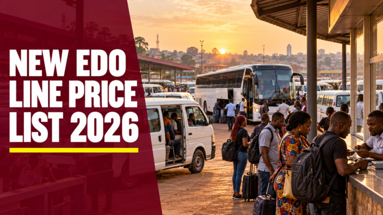 Interstate buses at a Nigerian terminal with New Edo Line Price List 2026 text