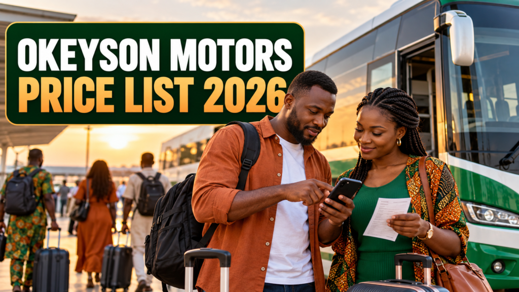 Nigerian passengers at an Okeyson coach with Okeyson Motors Price List 2026 text