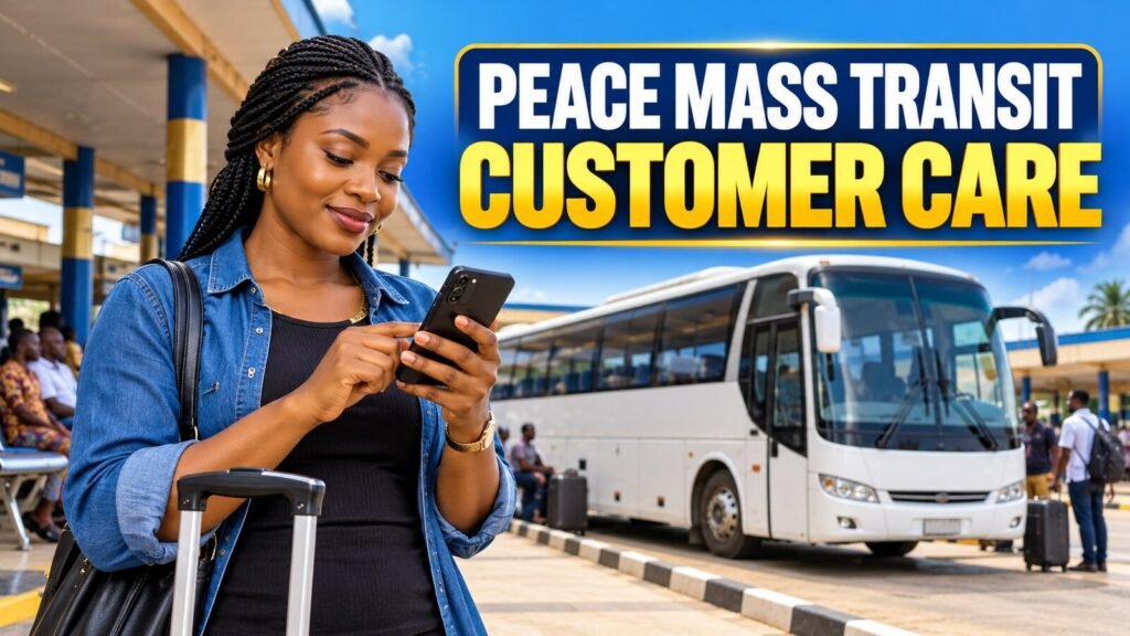 Nigerian traveller verifying a Peace Mass Transit terminal support contact