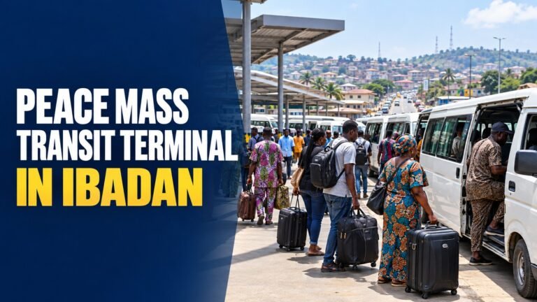 Peace Mass Transit terminal in Ibadan with passengers boarding minibuses