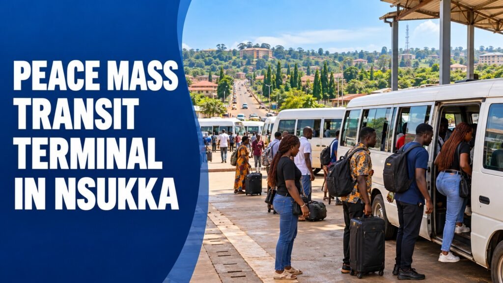 Peace Mass Transit terminal in Nsukka with travellers boarding minibuses
